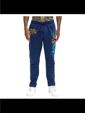 Ed Hardy Navy Bulldog Panther Tattoo Graphic Joggers